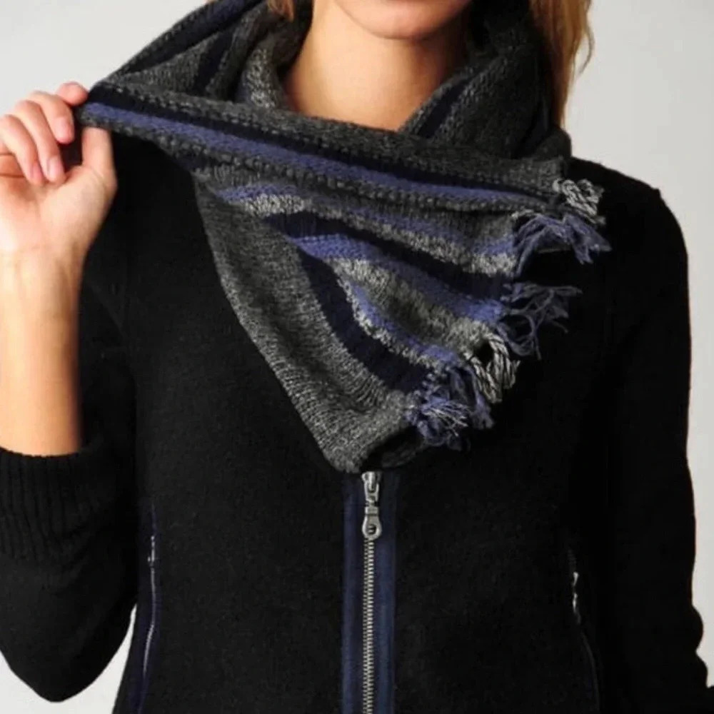 Free People Black Zip Front Jacket with Gray & Blue Striped Scarf